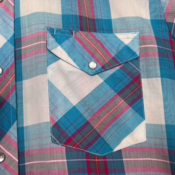 Wrangler Mens Med‎ Western Pearl Snap Short Sleeve Shirt Blue Red Plaid Grandpa - Picture 8 of 13